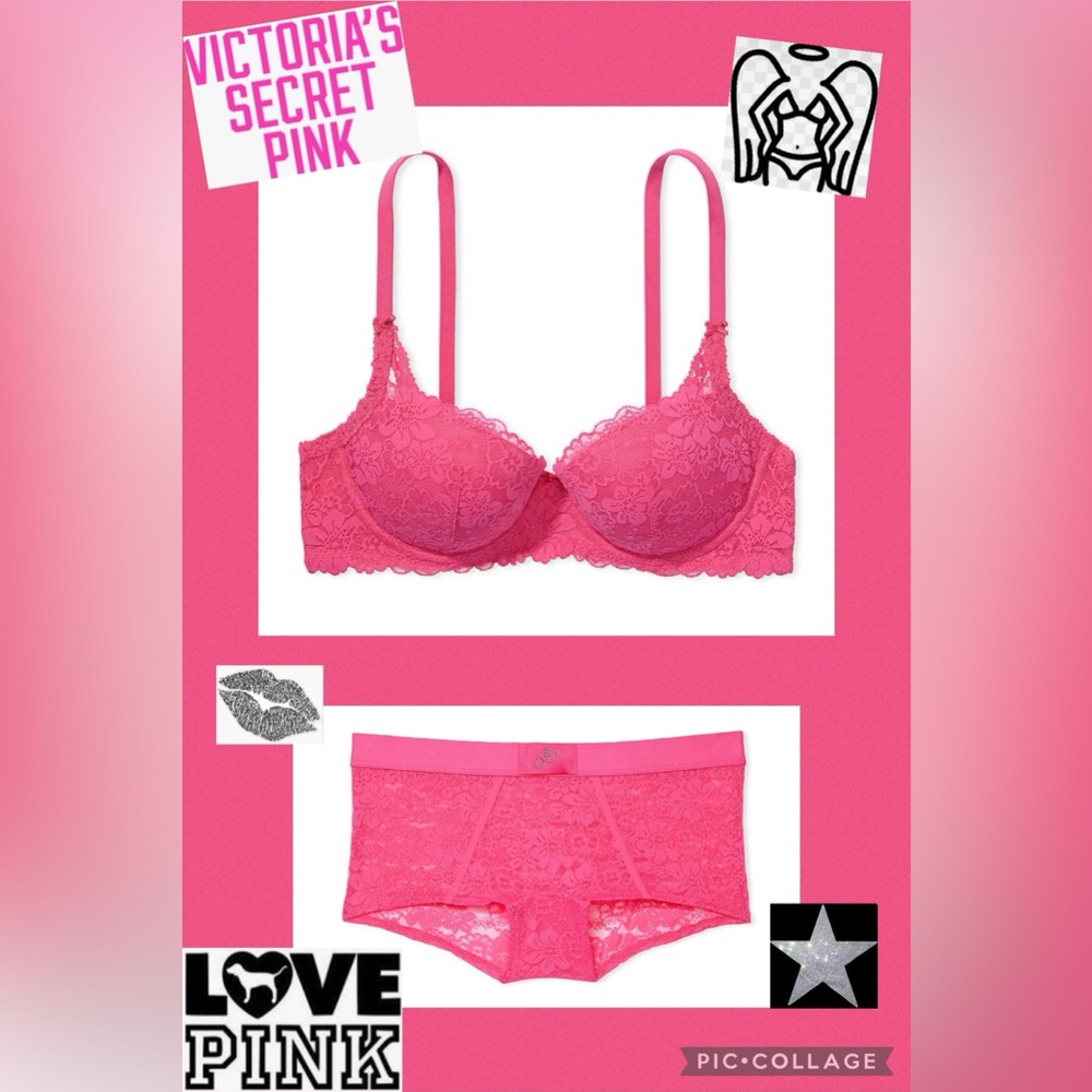 Victoria’s Secret PINK Wink Push Up Bra 40B And Matching Panty Set VS rose shine